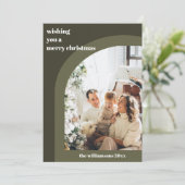 Olijfgroen moderne boog twee verticale foto feestdagenkaart (Staand voorkant)