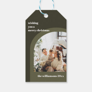 Olijfgroen Moderne Boog Verticale Foto Kerstmis Cadeaulabel