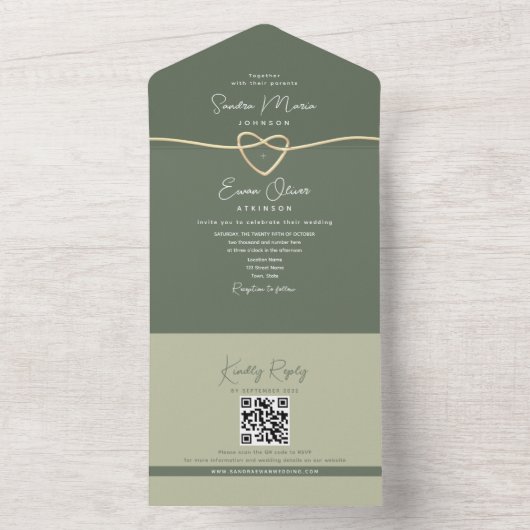 Olijfgroen moderne bruiloft all in one uitnodiging (Binnen)