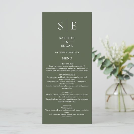 Olijfgroen Monogram Bruiloft Diner Menu (Staand voorkant)