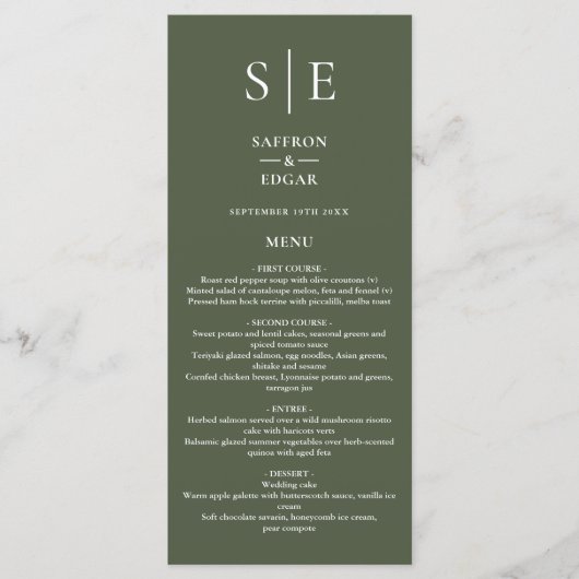 Olijfgroen Monogram Bruiloft Diner Menu (Voorkant)
