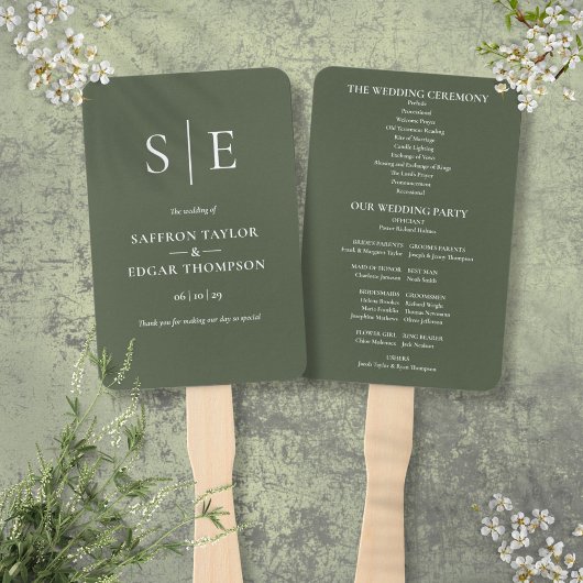 Olijfgroen Monogram Huwelijksprogramma Handwaaier