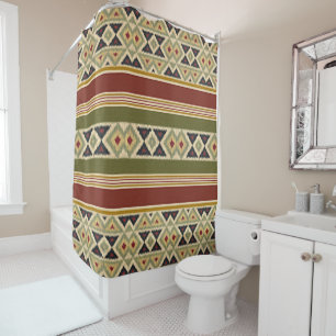 Olijfgroen Mosterd Oker Geel Tribal Ikat Art Douchegordijn