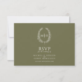 Olijfgroen ovaal blad monogram maaltijd optie brui RSVP kaartje