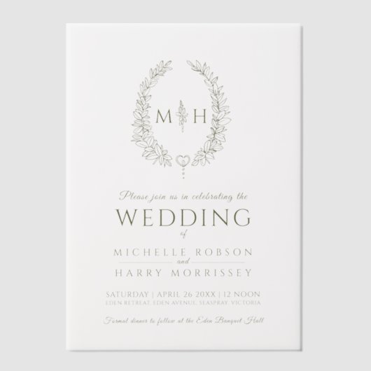 Olijfgroen ovaal monogram bruiloft vellum uitnodigingen (Voorkant)