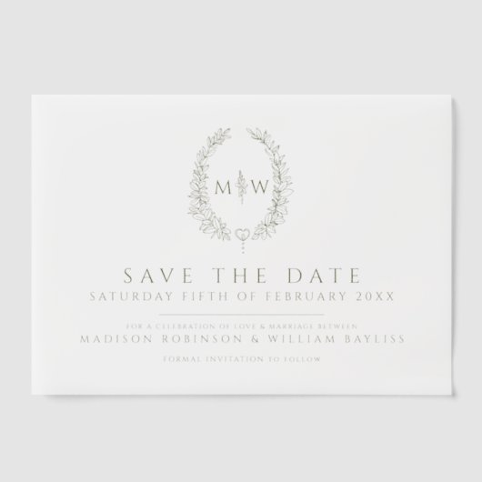 Olijfgroen ovaal monogram save the date bruiloft vellum uitnodigingen (Voorkant)