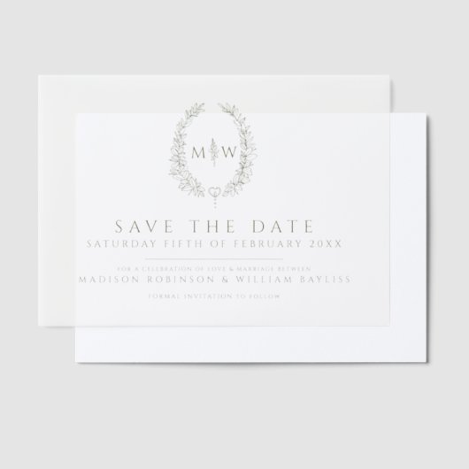 Olijfgroen ovaal monogram save the date bruiloft vellum uitnodigingen (Offset)
