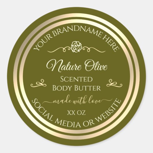 Olijfgroen Product Label Goud Lijst Roos (Voorkant)