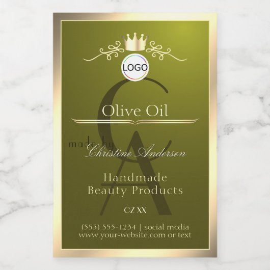 Olijfgroen productlabel goud frame logo monogram voedselcontainer etiket (Enkel label)