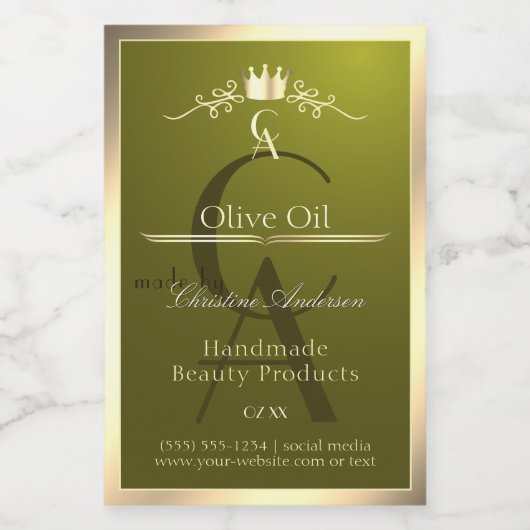 Olijfgroen productlabel met gouden frame monogram voedselcontainer etiket (Enkel label)
