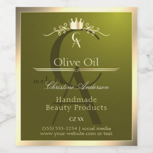 Olijfgroen productlabel met gouden frame monogram wijn etiket