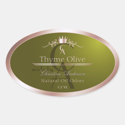 Olijfgroen productlabel Roze Gouden Frame Monogram Ovale Sticker (Voorkant)