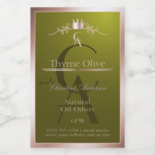 Olijfgroen productlabel Roze Gouden Frame Monogram Voedselcontainer Etiket (Enkel label)