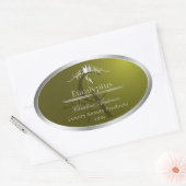 Olijfgroen productlabel Zilveren frame monogram Ovale Sticker (Envelop)