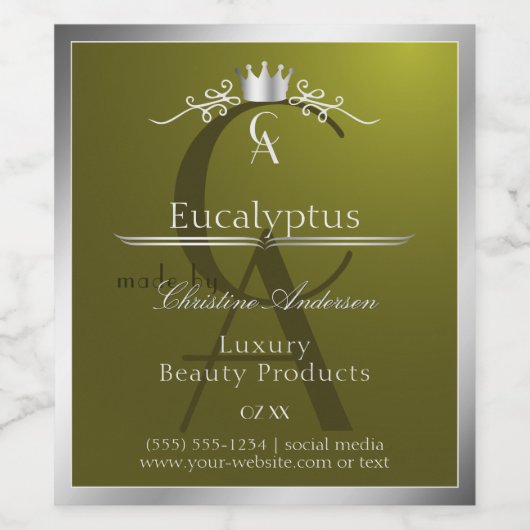Olijfgroen productlabel zilveren frame monogram wijn etiket (Enkel label)
