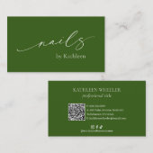 Olijfgroen QR Code Elegante Nagelsalon Modern Visitekaartje (Voorkant / Achterkant)