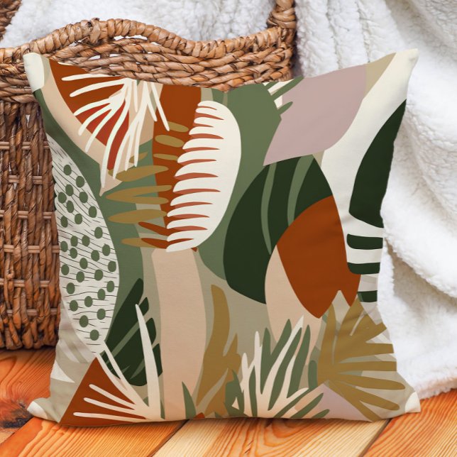 Olijfgroen Roest Zand Bruin Tropisch Abstract Kussen (Terracotta and olive green pillow)