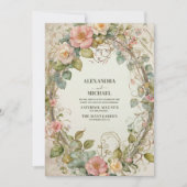 Olijfgroen Roze Bloemen Art Nouveau Bruiloft Kaart (Voorkant)