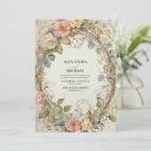 Olijfgroen Roze Bloemen Art Nouveau Bruiloft Kaart (Staand voorkant)