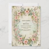 Olijfgroen Roze Bloemen Art Nouveau Bruiloft Kaart (Voorkant)