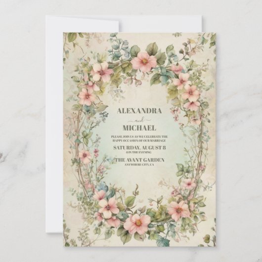 Olijfgroen Roze Bloemen Art Nouveau Bruiloft Kaart (Voorkant)
