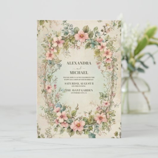 Olijfgroen Roze Bloemen Art Nouveau Bruiloft Kaart (Staand voorkant)
