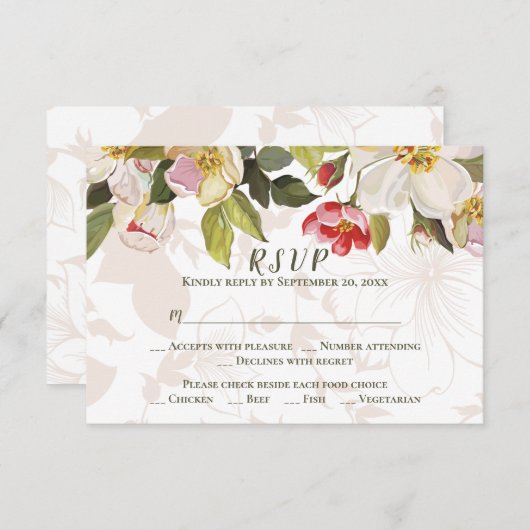 Olijfgroen Roze Magnolia Bloemen Huwelijk RSVP (Voorkant / Achterkant)