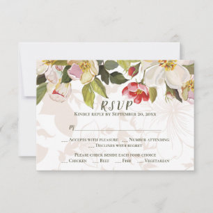 Olijfgroen Roze Magnolia Bloemen Huwelijk RSVP Kaartje