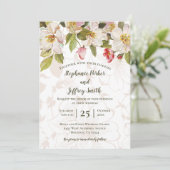 Olijfgroen Roze Magnolia's Bloemenbruiloft Uitnodi Kaart (Staand voorkant)