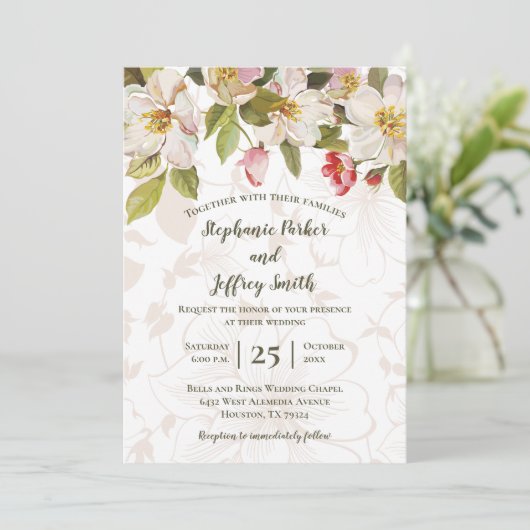 Olijfgroen Roze Magnolia's Bloemenbruiloft Uitnodi Kaart (Staand voorkant)