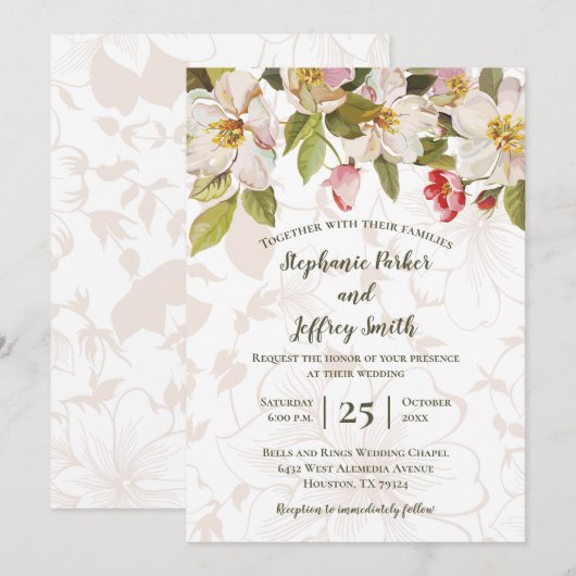 Olijfgroen Roze Magnolia's Bloemenbruiloft Uitnodi Kaart (Voorkant / Achterkant)