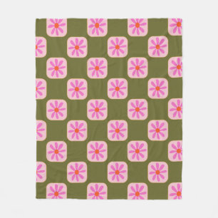 Olijfgroen Roze Retro Madeliefje Geruit Groovy Fleece Deken