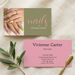 Olijfgroen Roze Script Foto Nagel Kunstenaar Salon Visitekaartje