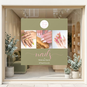 Olijfgroen Roze Script Logo Foto Nagelsalon Raamsticker