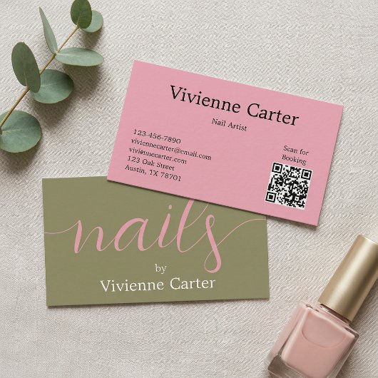Olijfgroen Roze Script Nagelstylist Visitekaartje