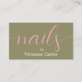 Olijfgroen Roze Script Nagelstylist Visitekaartje (Voorkant)