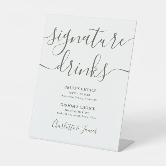 Olijfgroen Script bruiloft handtekening Drinken Reclamebord Met Voetstuk (Voorkant)