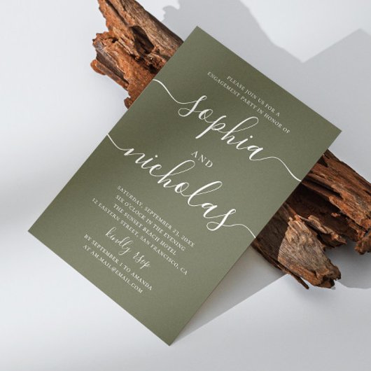 Olijfgroen script minimalistische verlovingsfeest kaart