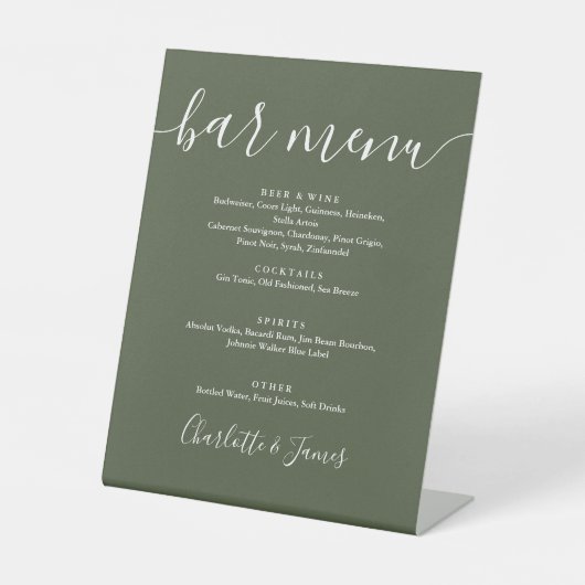 Olijfgroen Signature Script Wedding Bar Menu Reclamebord Met Voetstuk (Voorkant)