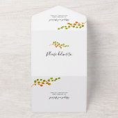 Olijfgroen, sinaasappel ronde bladtak bruiloft all in one uitnodiging (Buitenkant)