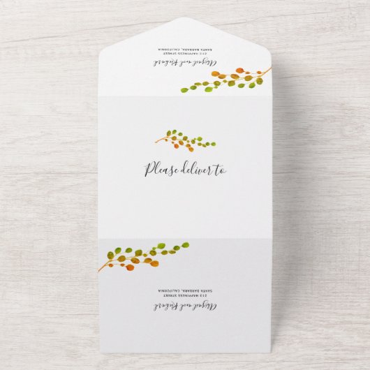 Olijfgroen, sinaasappel ronde bladtak bruiloft all in one uitnodiging (Buitenkant)