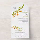 Olijfgroen, sinaasappel ronde bladtak bruiloft all in one uitnodiging (Binnen)