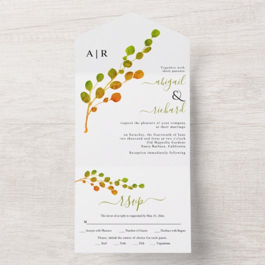 Olijfgroen, sinaasappel ronde bladtak bruiloft all in one uitnodiging (Binnen)