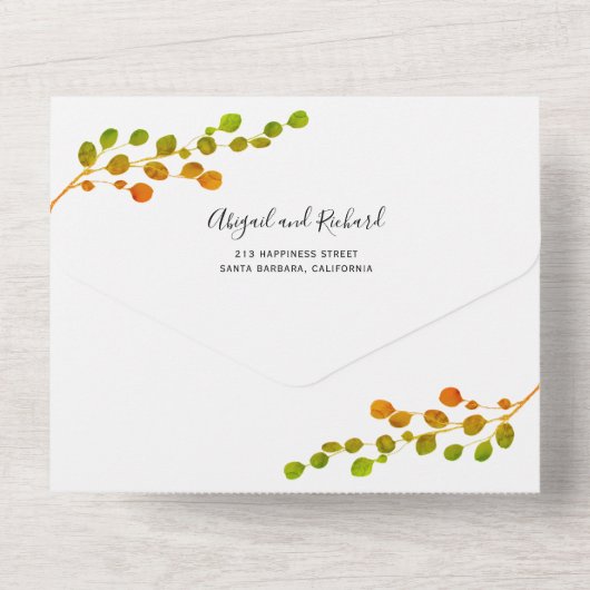 Olijfgroen, sinaasappel ronde bladtak bruiloft all in one uitnodiging (Achterkant)