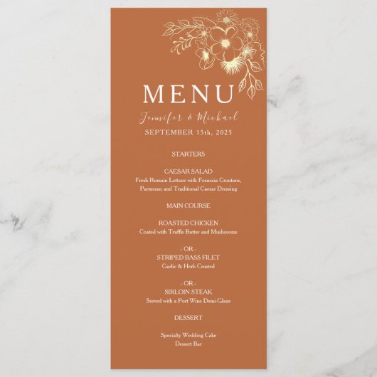 Olijfgroen Terracotta en gouden bloemen bruiloft Menu (Voorkant)