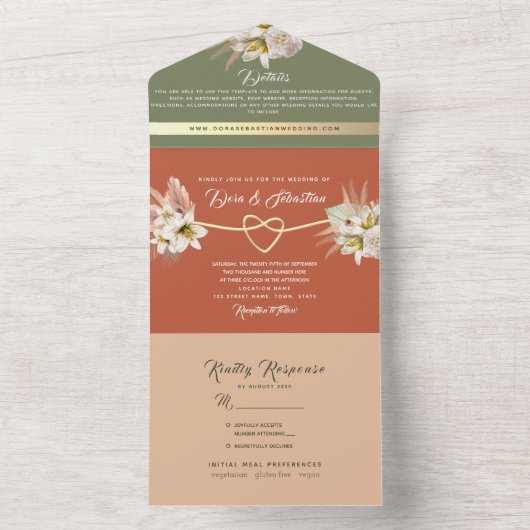 Olijfgroen & Terracotta Pampas Grass Wedding All In One Uitnodiging (Binnen)