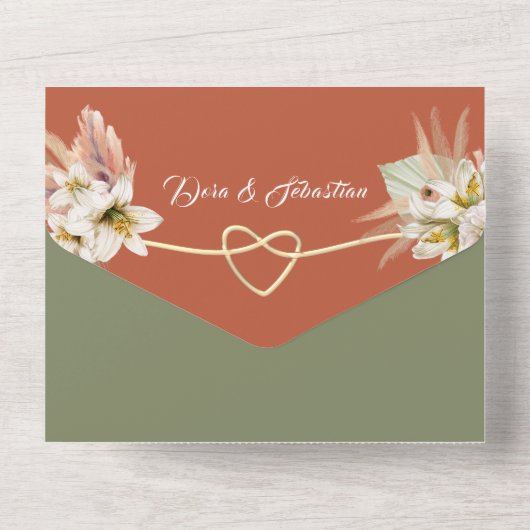 Olijfgroen & Terracotta Pampas Grass Wedding All In One Uitnodiging (Achterkant)