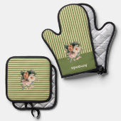 Olijfgroen Top met beige strepen Bloemen Ovenwant & Pannenlap Set (Voorkant / Achterkant)