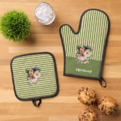 Olijfgroen Top met beige strepen Bloemen Ovenwant & Pannenlap Set (Top down)