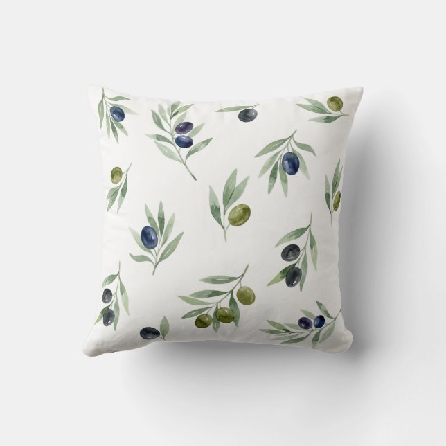 Olijfgroen Waterverf Botanische Chic Patroon Kussen (Achterkant)